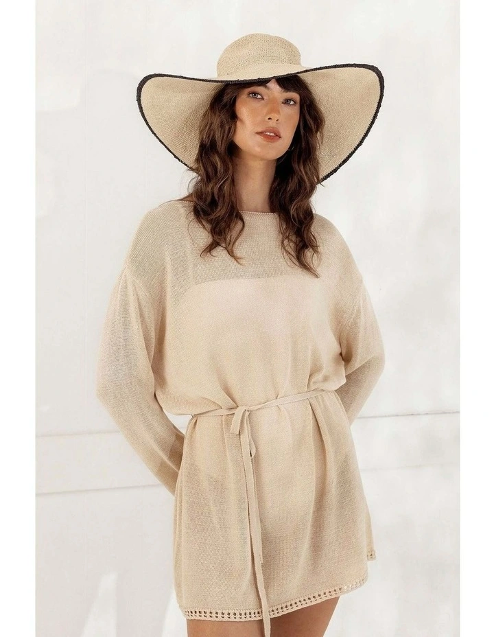 Raegan Crochet Straw Sun Hat in Natural Beige and Black Stripe image 7
