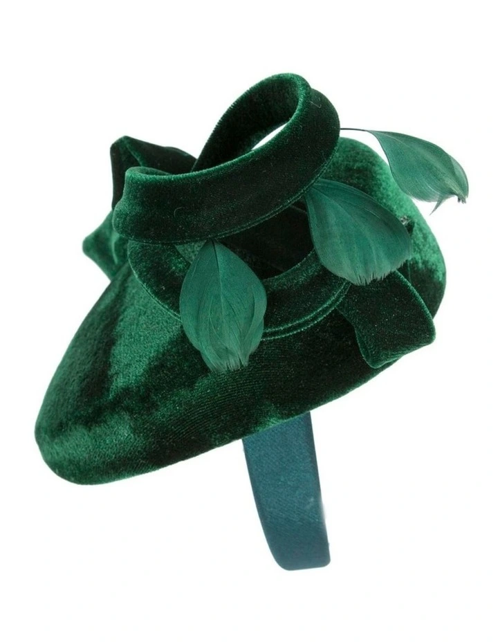 Green velvet pillbox winter fascinator J441GRN image 3