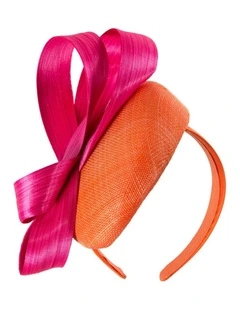 Orange & Fuchsia Pillbox Fascinator with Silk Abaca Bow by Fillies Collection S348ORF
