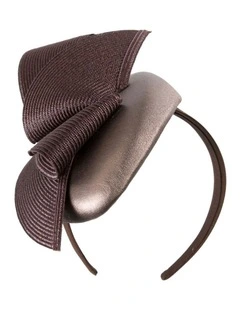Taupe & Chocolate leather pillbox fascinator by Fillies Collection S329TPCH