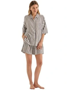 Evie Linen Short Set in Navy Stripe