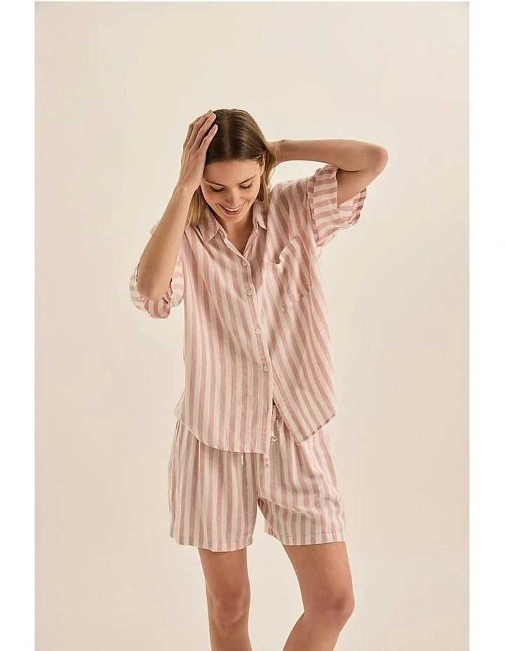 Evie Stripe Linen Short Set in Pink image 5