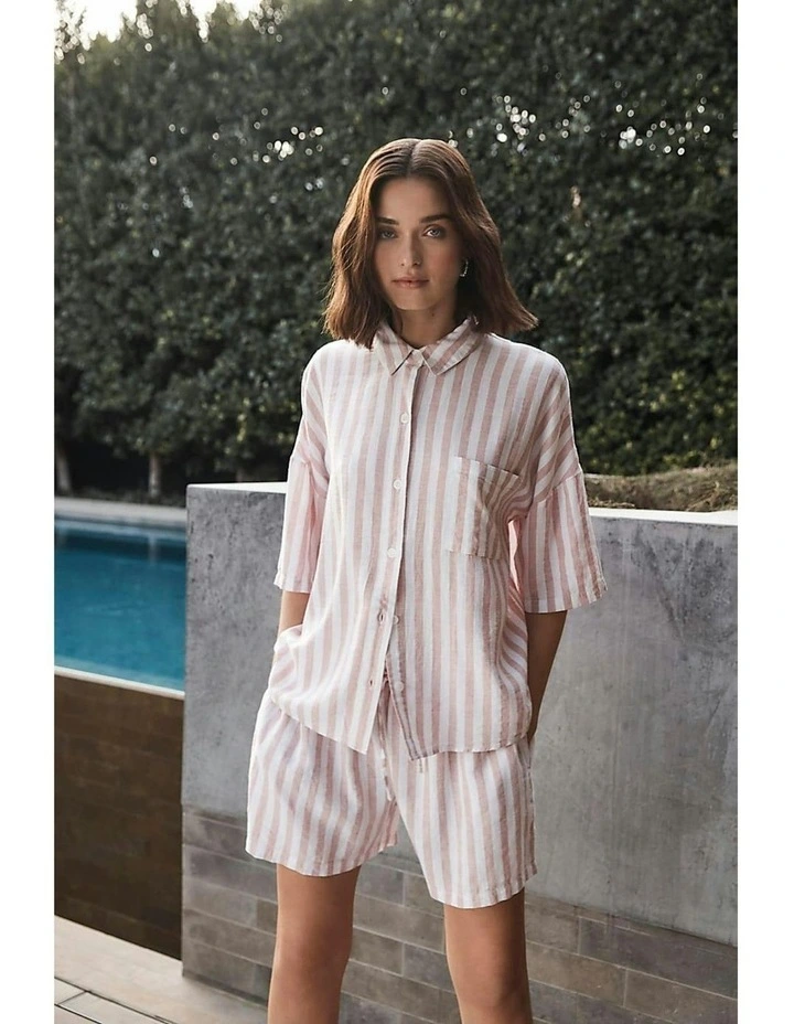 Evie Stripe Linen Short Set in Pink image 6