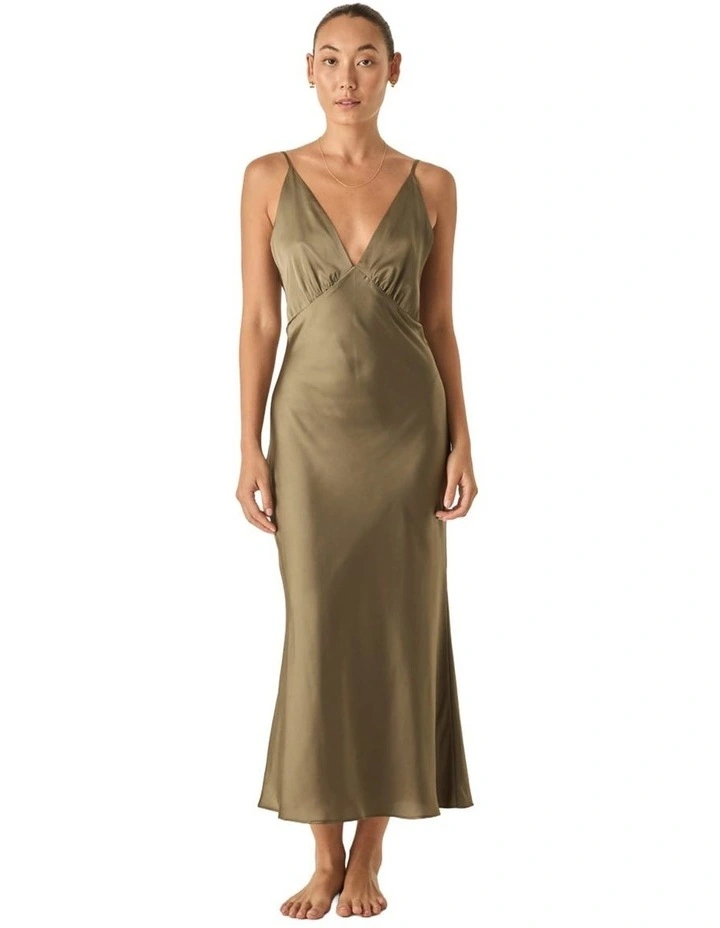 Fern Silky Satin Long Chemise in Olive image 1