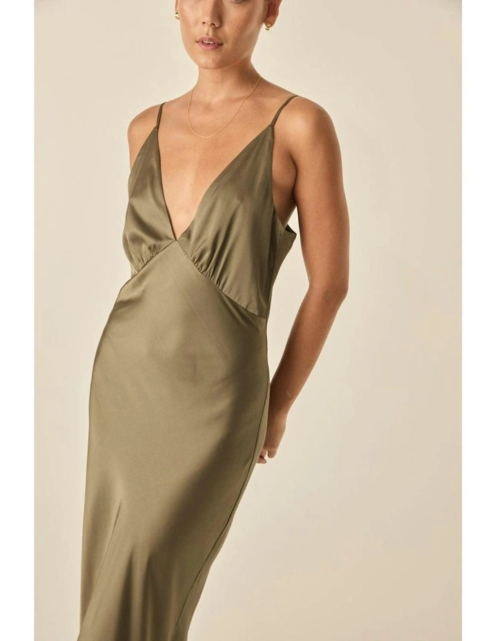 Fern Silky Satin Long Chemise in Olive image 3