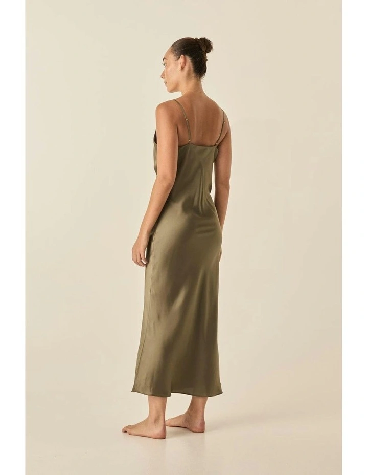 Fern Silky Satin Long Chemise in Olive image 4