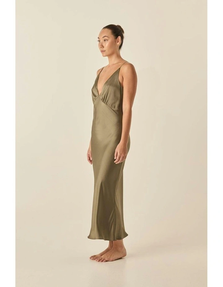 Fern Silky Satin Long Chemise in Olive image 5