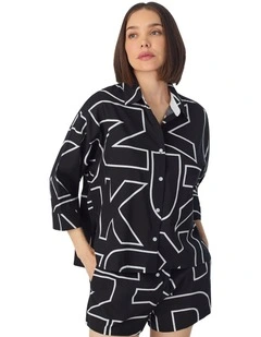 Woven Cotton & Viscose Button Up Short Pyjama Set in Black Exploded Letters