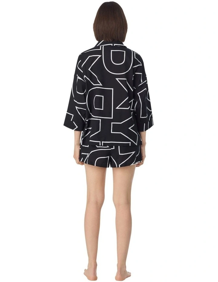Woven Cotton & Viscose Button Up Short Pyjama Set in Black Exploded Letters image 2