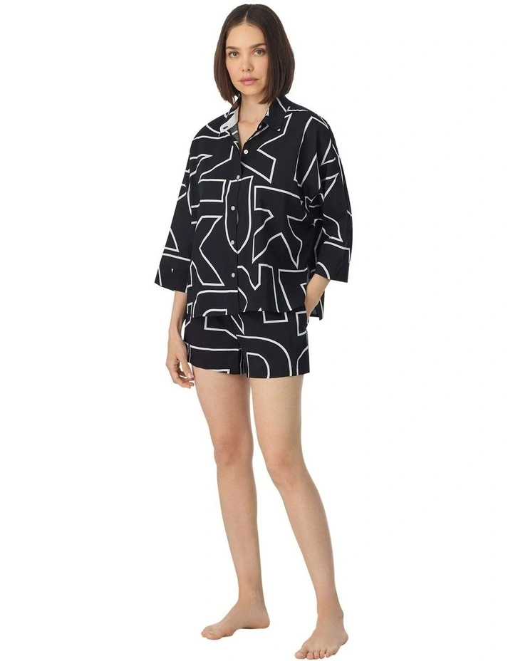 Woven Cotton & Viscose Button Up Short Pyjama Set in Black Exploded Letters image 3