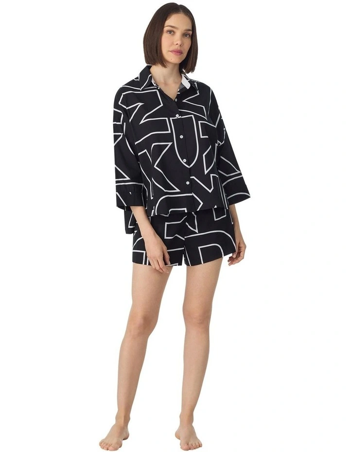 Woven Cotton & Viscose Button Up Short Pyjama Set in Black Exploded Letters image 4