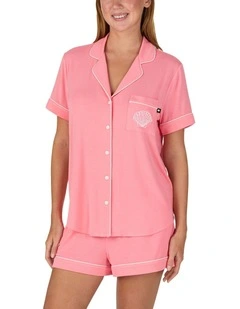 Modal Button Up Short Sleeve Short Pyjama Set with Embroidery in Pink