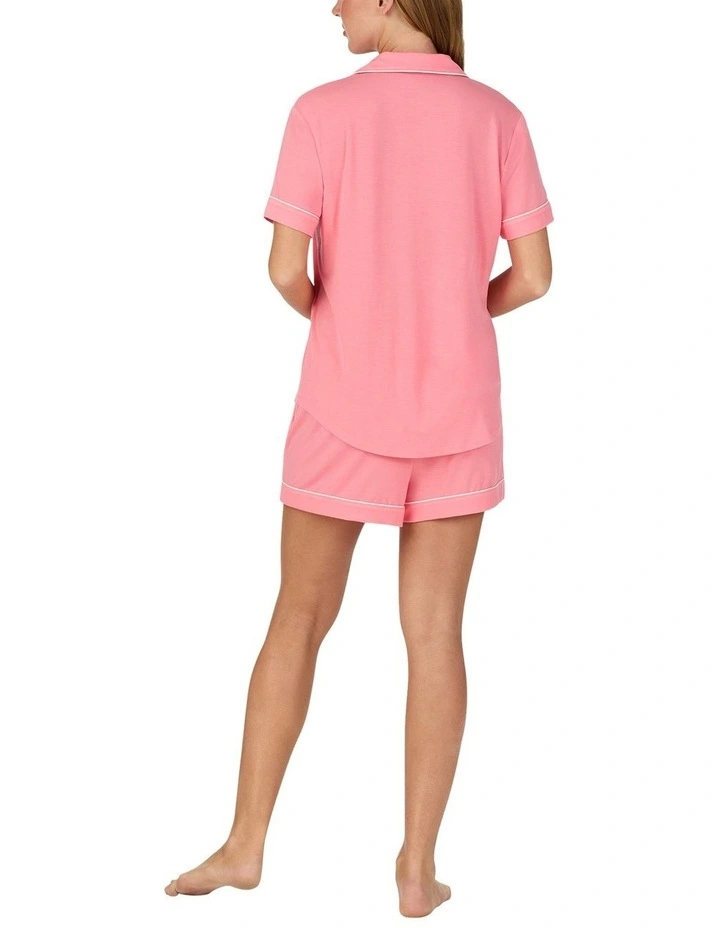 Modal Button Up Short Sleeve Short Pyjama Set with Embroidery in Pink image 3