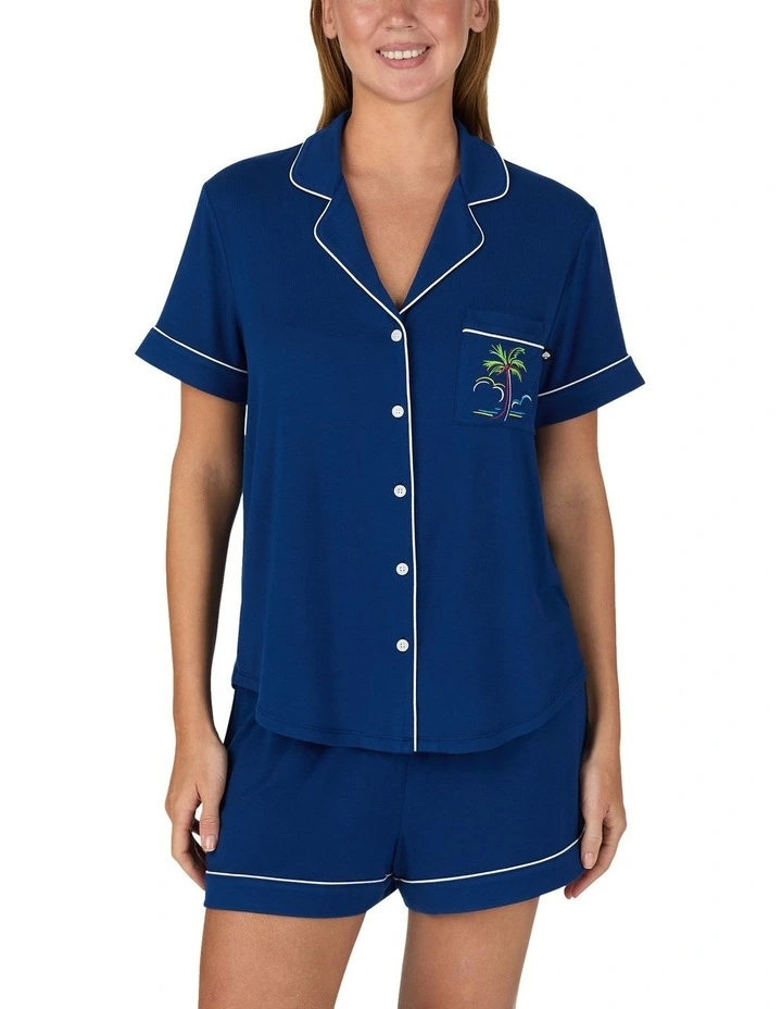 Modal Button Up Short Sleeve Short Pyjama Set with Embroidery in Estate Blue image 1