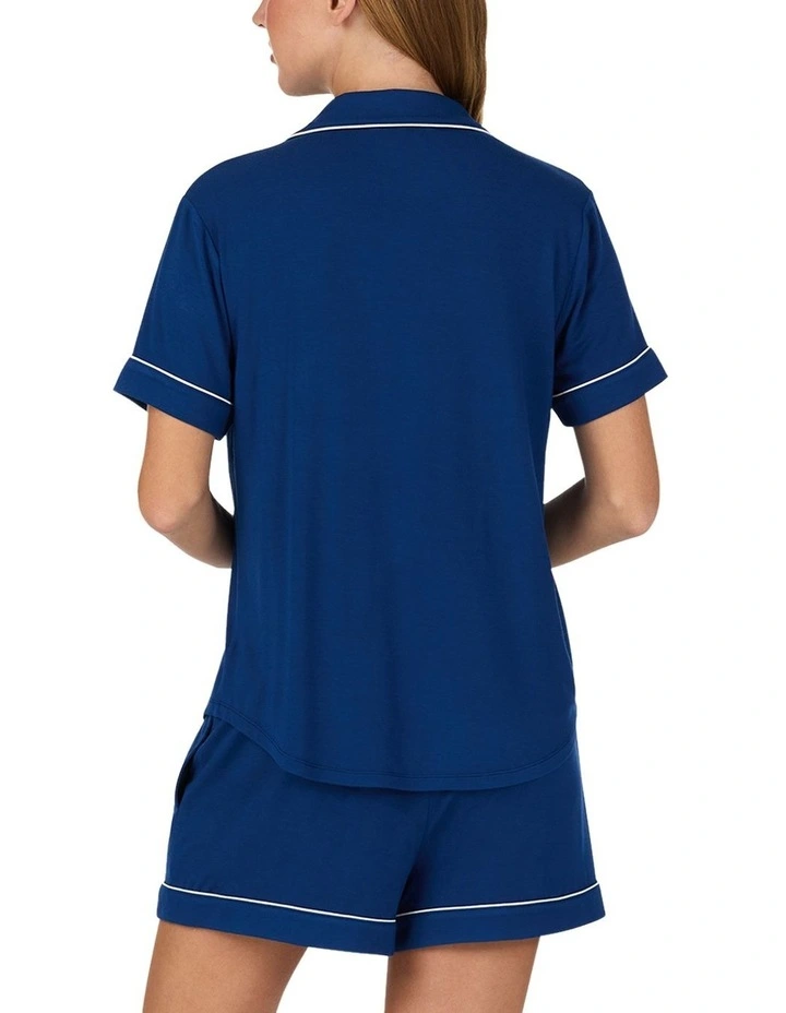 Modal Button Up Short Sleeve Short Pyjama Set with Embroidery in Estate Blue image 2