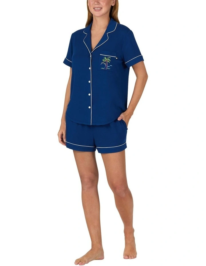 Modal Button Up Short Sleeve Short Pyjama Set with Embroidery in Estate Blue image 3