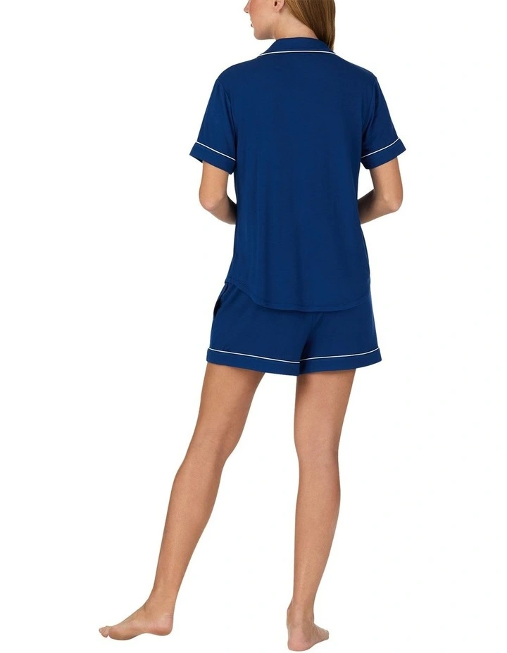 Modal Button Up Short Sleeve Short Pyjama Set with Embroidery in Estate Blue image 4