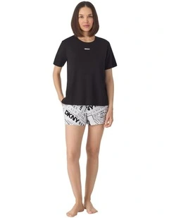 Cotton Jersey Short Sleeve T-Shirt & Boxer Short Pyjama Set in White Newspaper