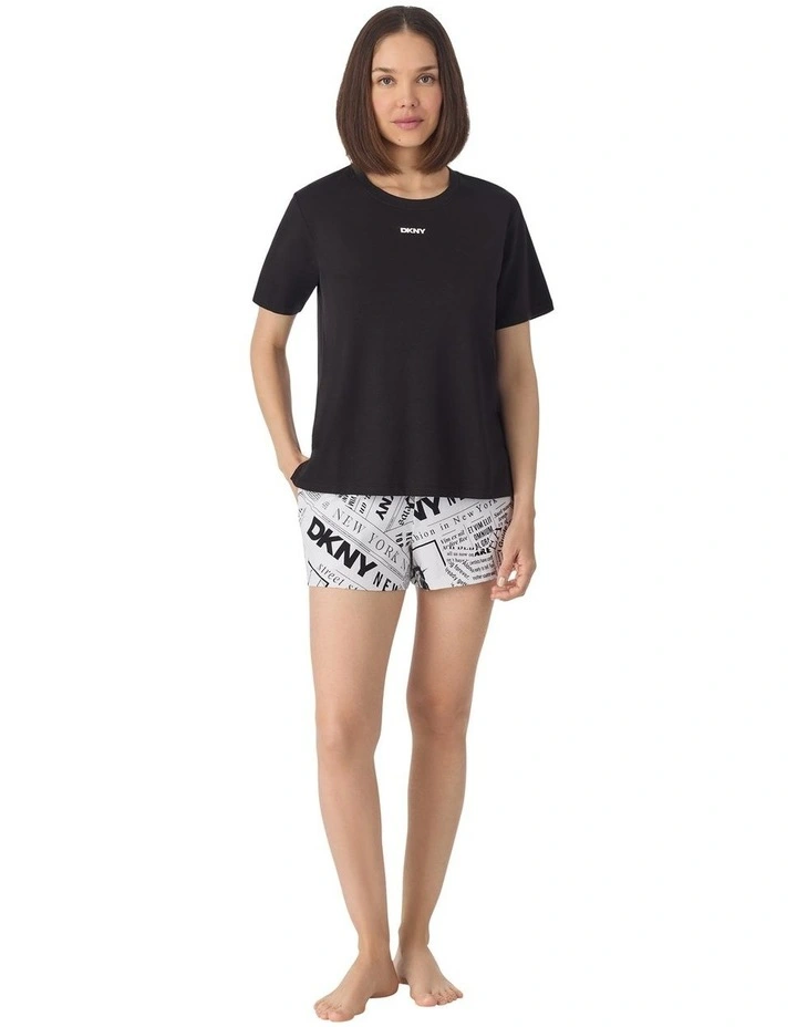 Cotton Jersey Short Sleeve T-Shirt & Boxer Short Pyjama Set in White Newspaper image 1