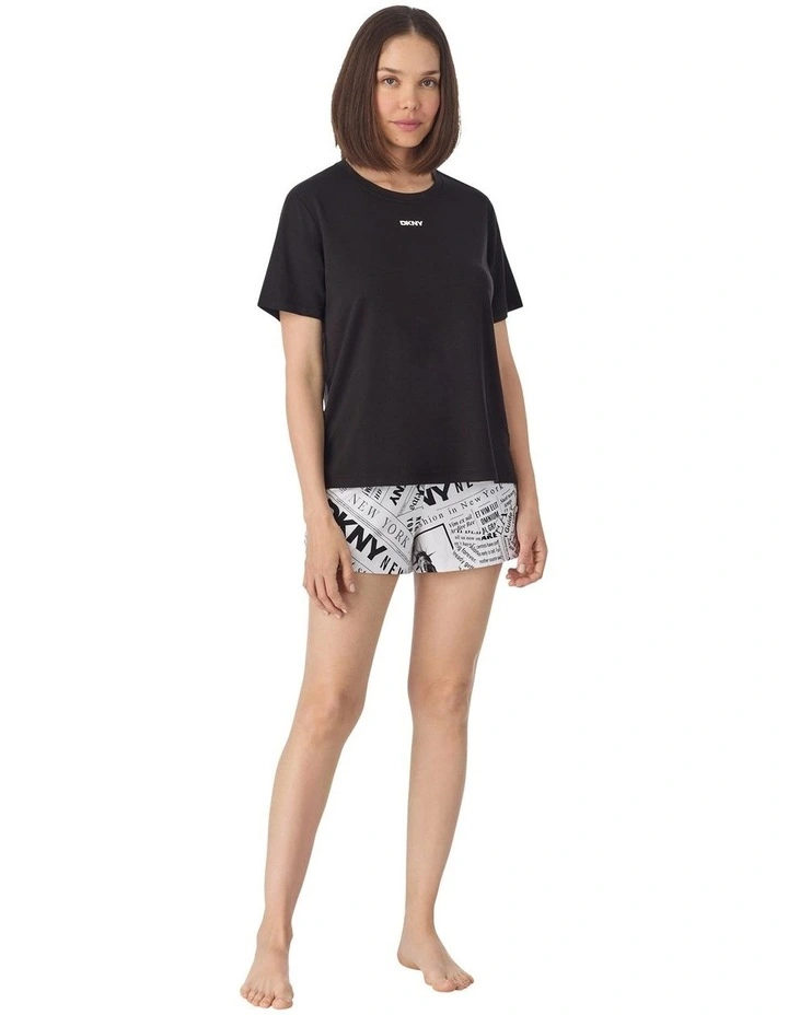 Cotton Jersey Short Sleeve T-Shirt & Boxer Short Pyjama Set in White Newspaper image 3