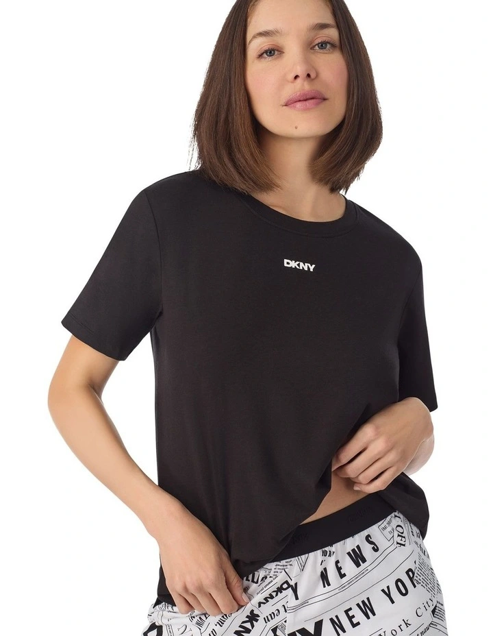 Cotton Jersey Short Sleeve T-Shirt & Boxer Short Pyjama Set in White Newspaper image 4