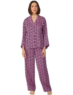 Printed Satin Button Up Long Sleeve Long Pyjama Set