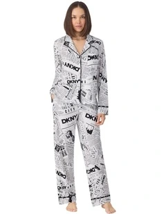 Logo Print Cotton Jersey Button Up Long Sleeve Long Pyjama Set
