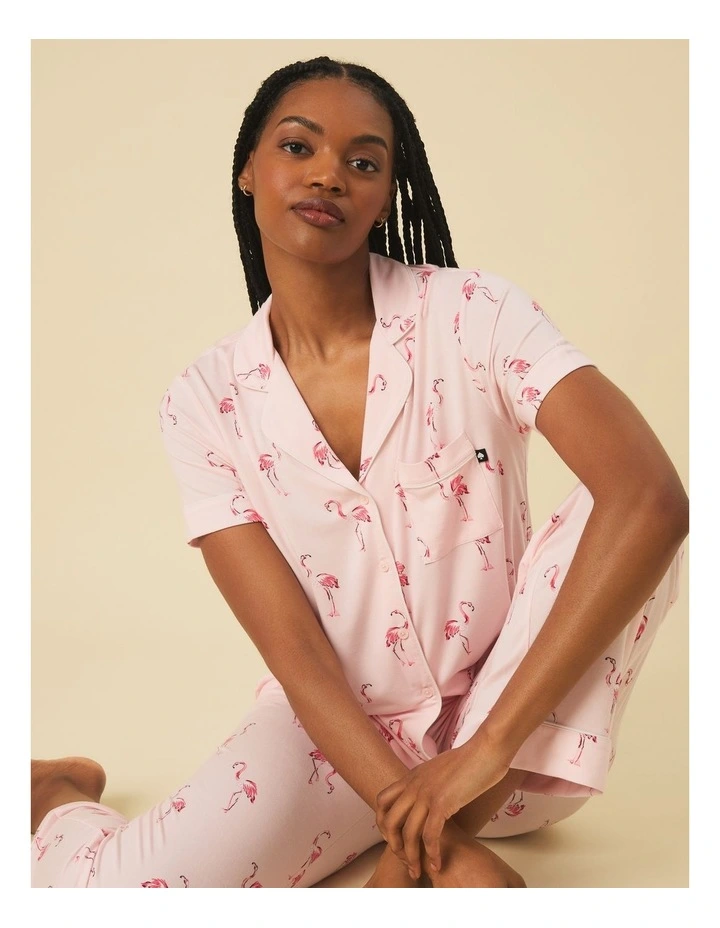 Printed Modal Button Up Short Sleeve Long Pyjama Set image 4