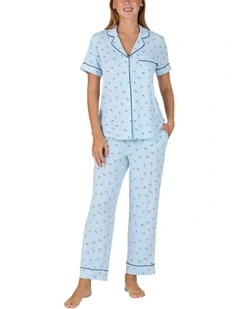 Printed Modal Button Up Short Sleeve Long Pyjama Set