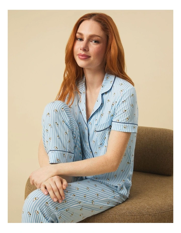 Printed Modal Button Up Short Sleeve Long Pyjama Set image 4