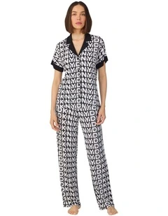 Logo Print Viscose Jersey Button Up Short Sleeve Long Pyjama Set
