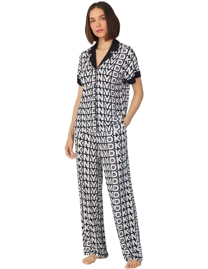 Logo Print Viscose Jersey Button Up Short Sleeve Long Pyjama Set image 3