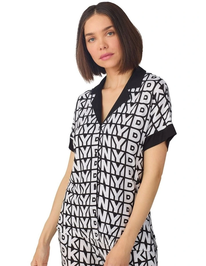 Logo Print Viscose Jersey Button Up Short Sleeve Long Pyjama Set image 4
