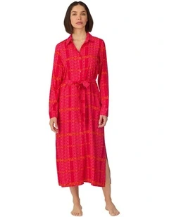 Woven Viscose Midi Long-Sleeve Button Up Nightgown