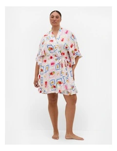 Plus Size Kitty Citrus Print Sleep Kimono in Ivory
