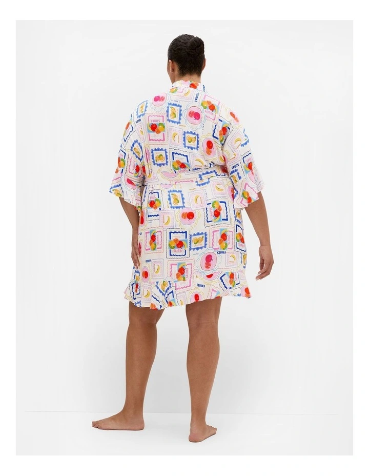 Plus Size Kitty Citrus Print Sleep Kimono in Ivory image 2