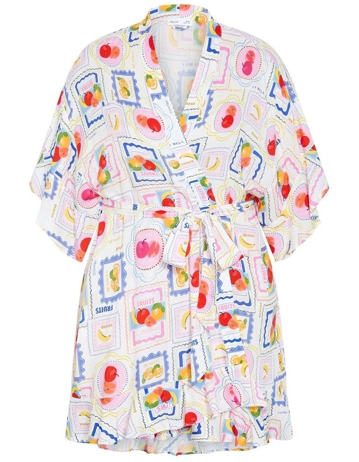 Plus Size Kitty Citrus Print Sleep Kimono in Ivory image 3