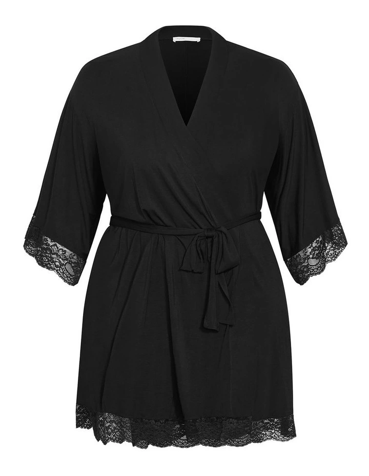 Plus Size Gizelle Lace Trim Sleep Robe in Black image 3
