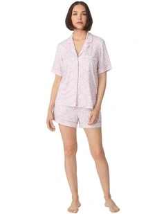 Logo Print Viscose Jersey Short Sleeve Button Up Short Pyjama Set