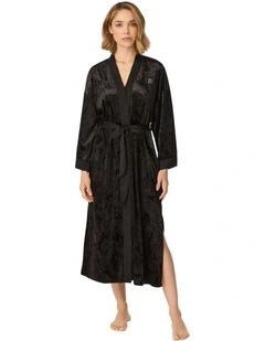 Crushed Velour & Satin Midi-Length Belted Lounge Robe