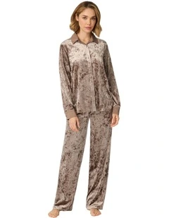 Crushed Velour Button-Up Long Sleeve Long Pyjama Set