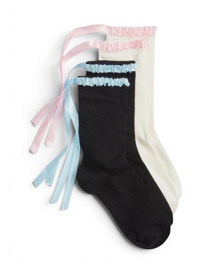 Lara Satin Trim Cotton Socks - 2 Pairs image 1