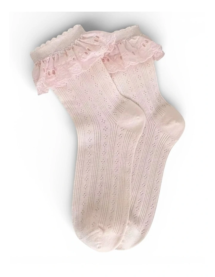 Lace Frill Trim Cotton Bobby Socks in Pink image 2