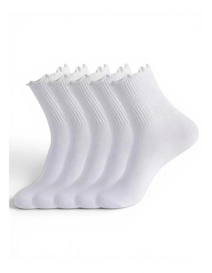 Premium Cotton Frill Edge Socks 5 Pairs in White image 5