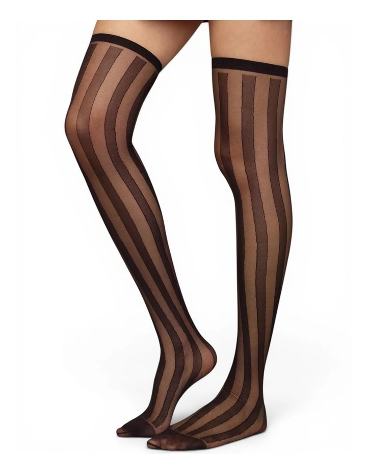 Crue Striped Thigh High Socks in Black image 3