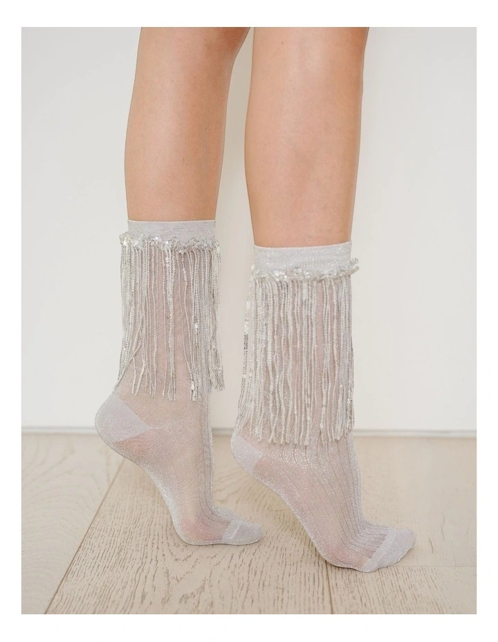 Glitter Fringe Stevie Metallic Lurex Socks in Silver image 3