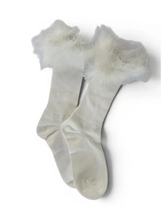 Frou-Frou Faux Fur Trim Cotton Socks in White