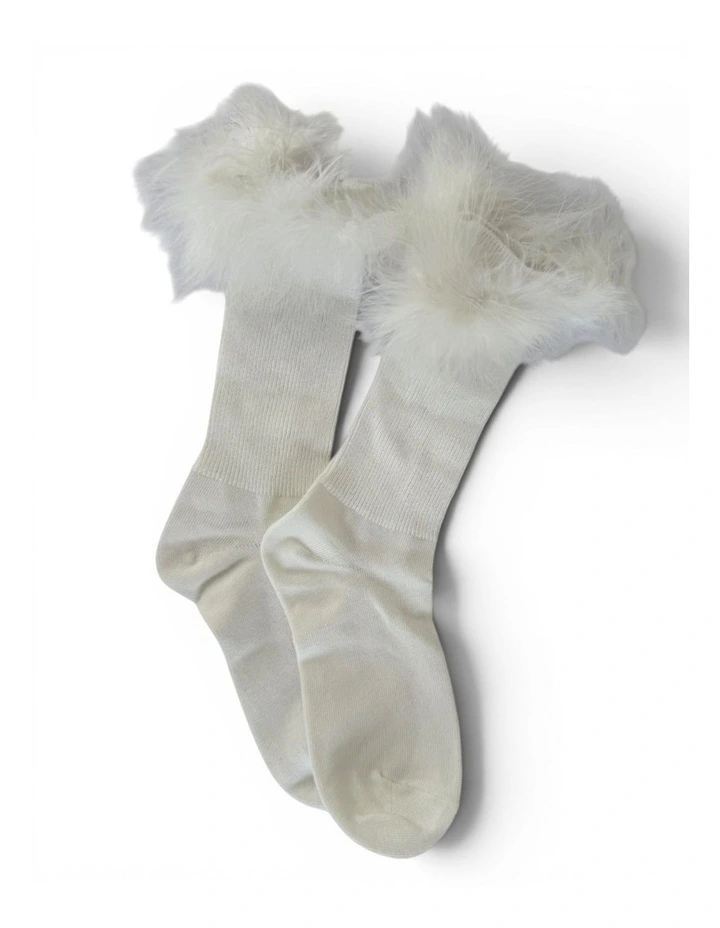 Frou-Frou Faux Fur Trim Cotton Socks in White image 1