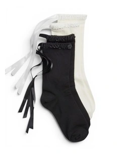 Lara Satin Trim Cotton Socks Pack of 2 in Black