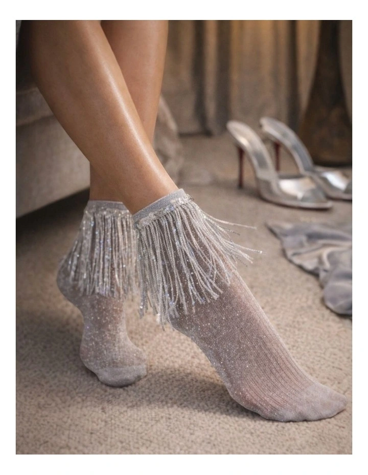 Stevie Metallic Lurex Socks With Glitter Fringe in Blue image 2